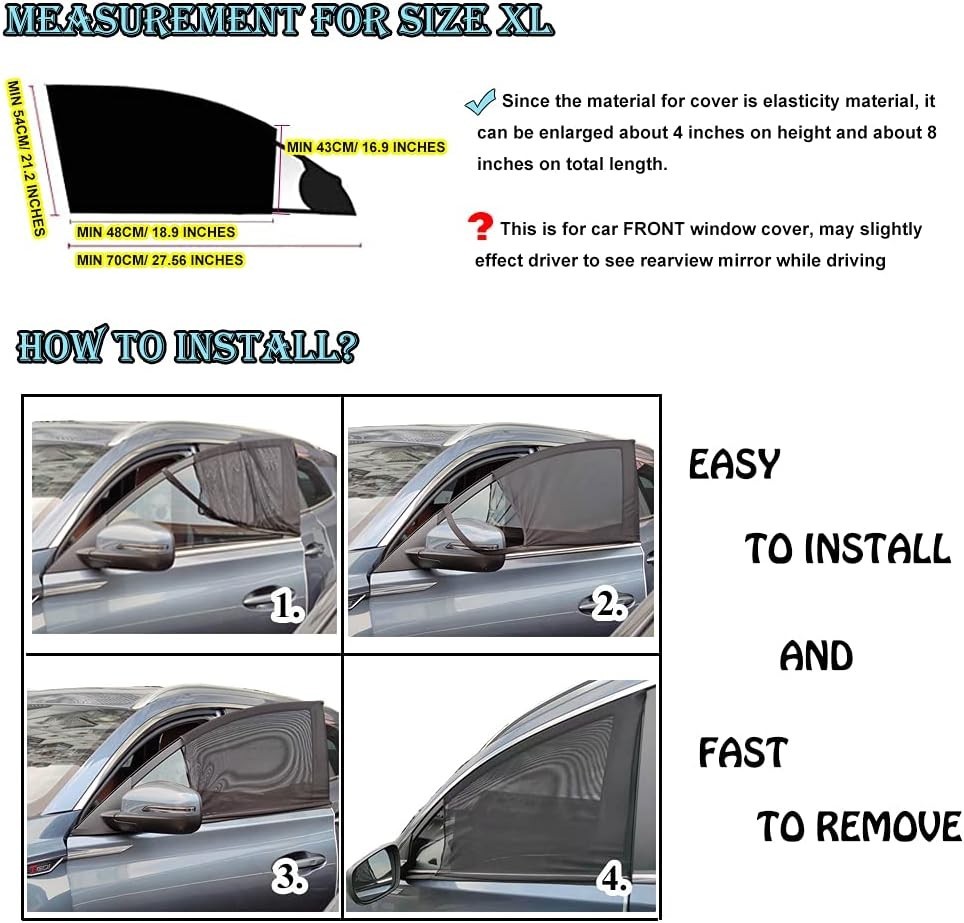 Car Front Window Sun Shade - 2 Pack Breathable Mesh Side Window Shade Sunshad...