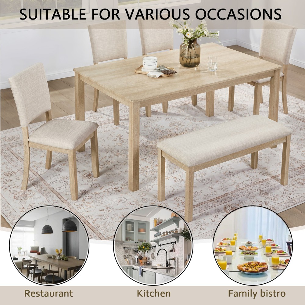 6Pcs Dining Table Set with Bench, Wooden Rectangular Kitchen Table Set, Modern