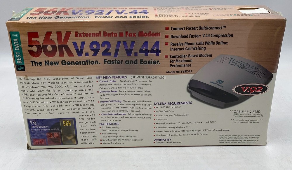 Vintage Best Data 56SX-92 56K External Fax Modem