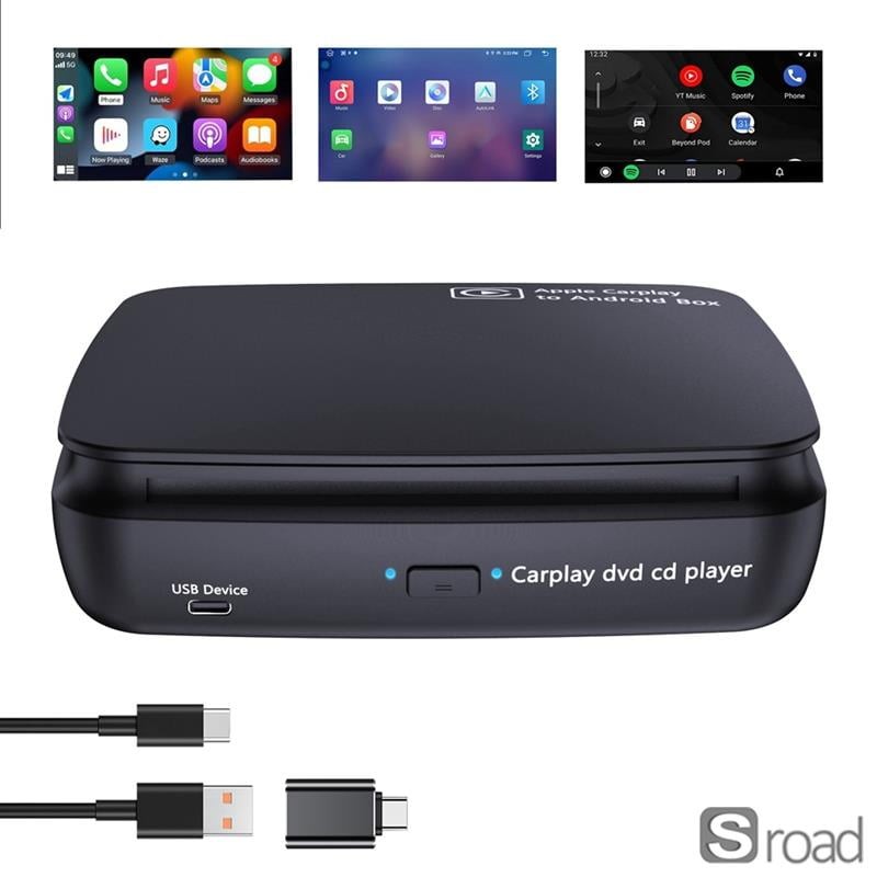Portable Car CD DVD Player With Wireless CarPlay Android Auto Adapter, AI Box