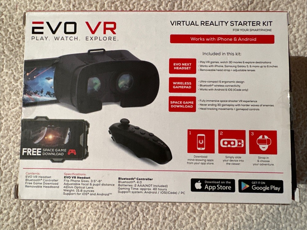 EVO VR Virtual Reality Smartphone VR Headset Starter Kit Bluetooth 360 Degree