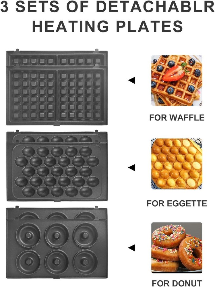 3 Interchangeable Baking Plates for Making Doughnut or Waffle Maker-Eggette a...