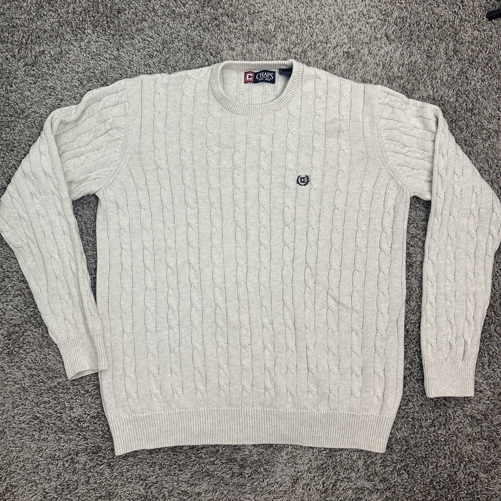 Chaps Cable Knit Sweater Mens Large Beige Cotton Crewneck Pullover 90s