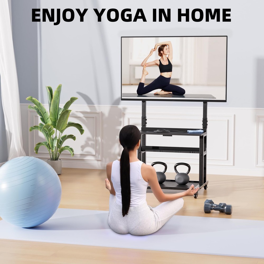 Rolling TV Stand with Large Storage and Foldable Table, Mobile TV Stand on Wh...