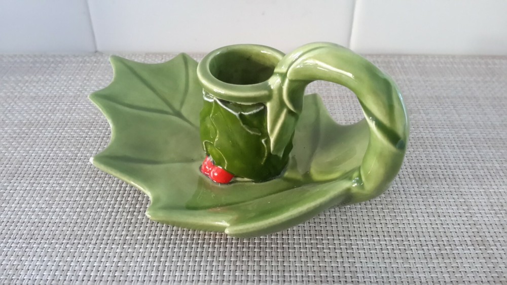 Handmade Glazed Ceramic Christmas Holly Leaf Candle Holder Signed EUC