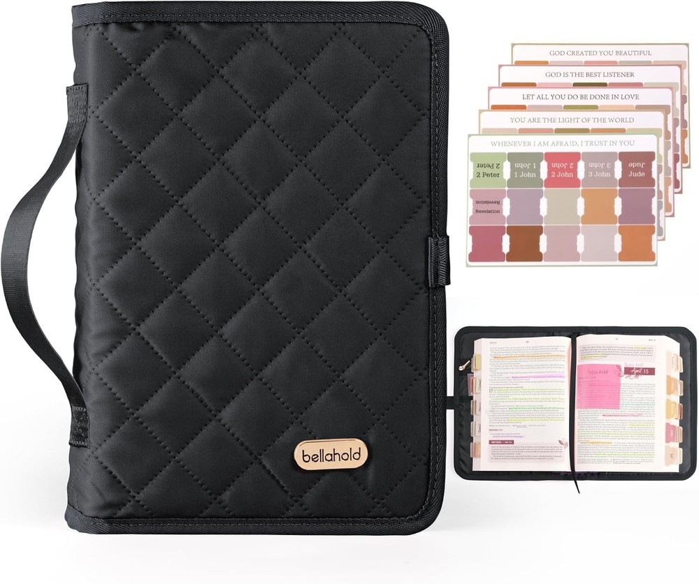 BellaHold Adjustable Bible Cover with 75 Tabs - Case Black