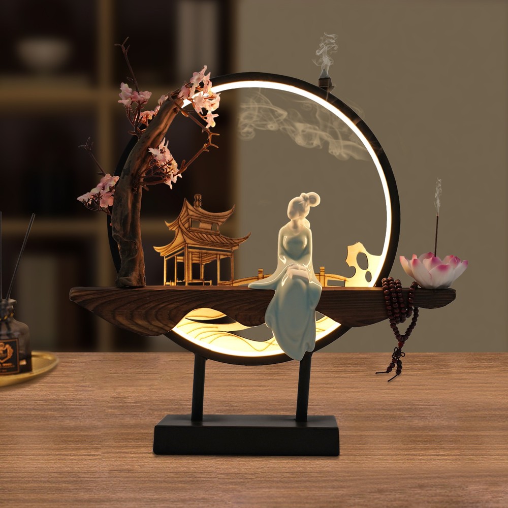 Incense Burner Holder 3 Gear Led Night Light Ceramic Backflow Incense Decoration