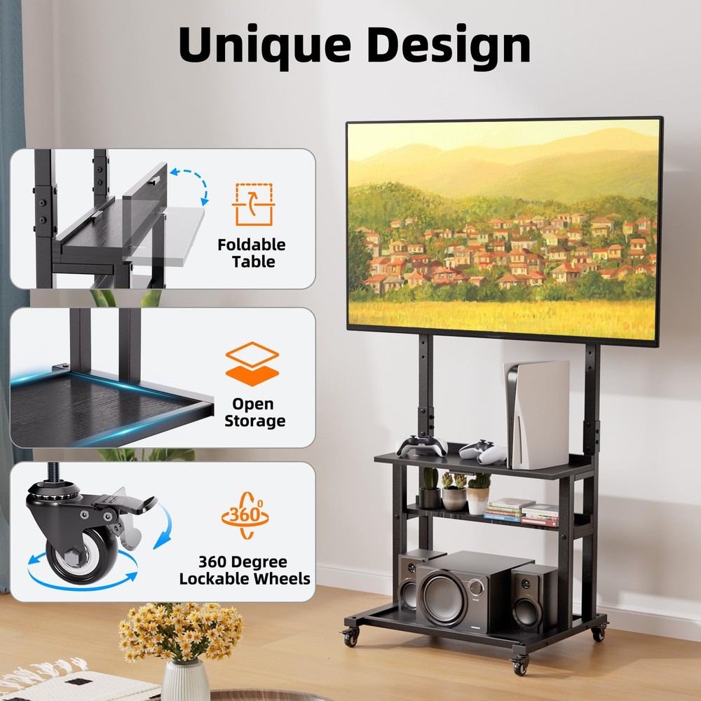 Rolling TV Stand with Large Storage and Foldable Table, Mobile TV Stand on Wh...