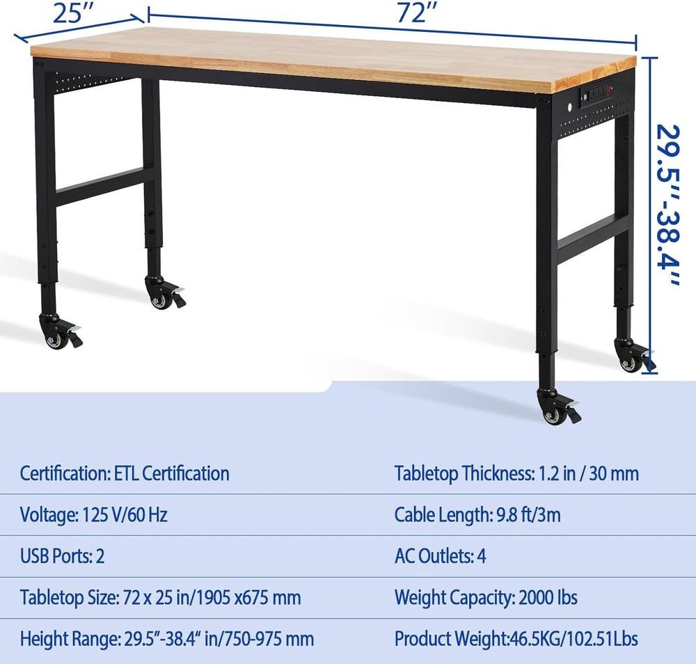 72x 25" Adjustable Work Bench Heavy Duty Work Table for Workshop Garage 2000 Lbs