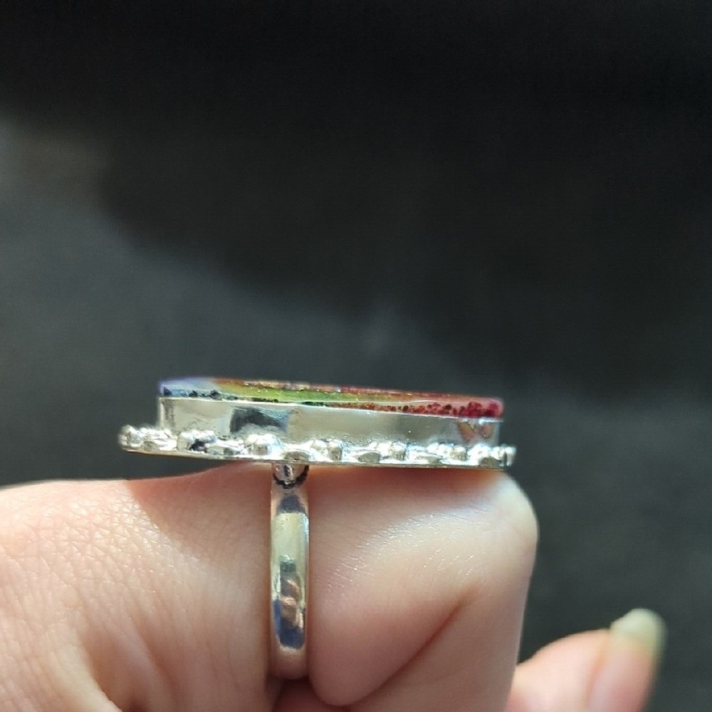 Silver Plated Rainbow Solar Quartz Druzy Gemstone Statement Ring - Size 8.5