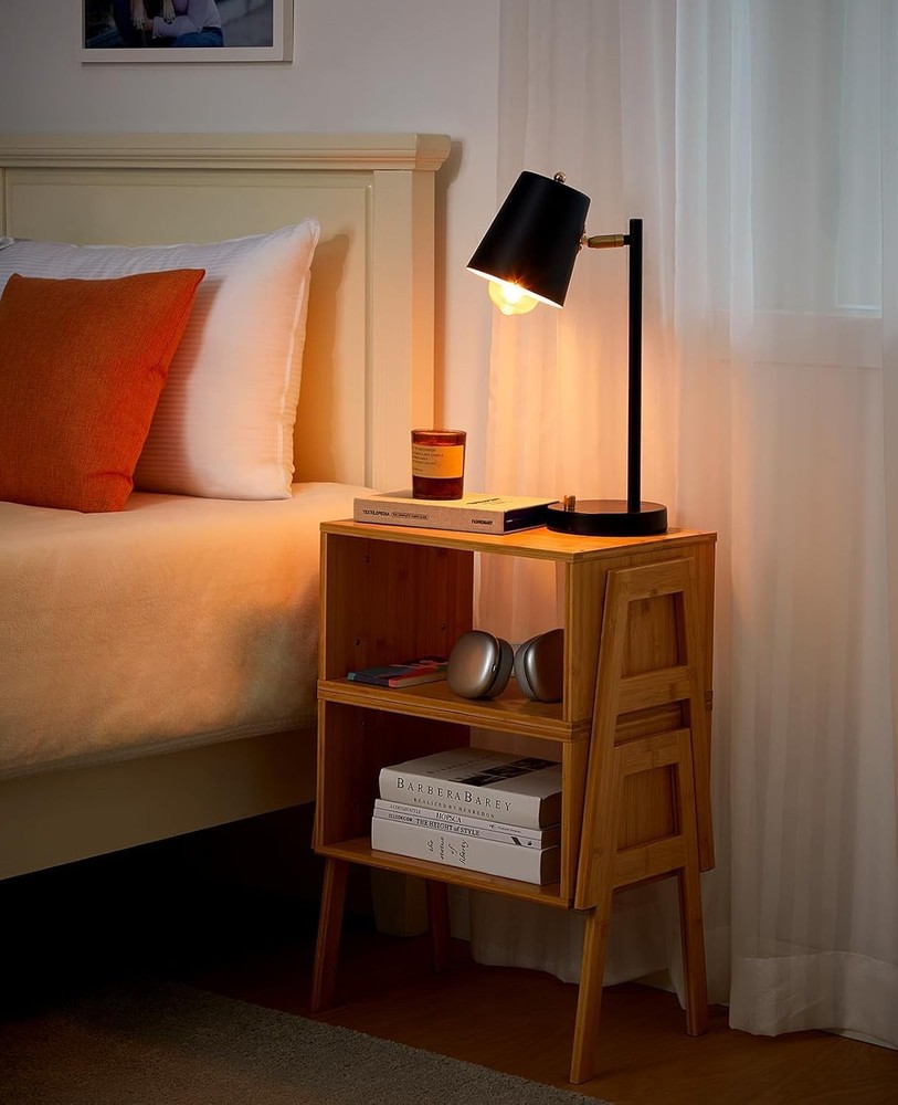 Set of 2 Bamboo Stackable Bedside Table, Night Stands with Storage Shelf