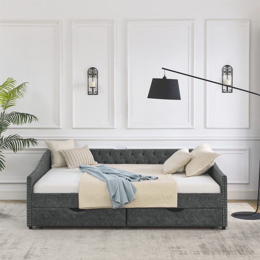 Queen Size Daybed with 2 Storage Drawers Upholstered Bed Frame Sofa Bed US
