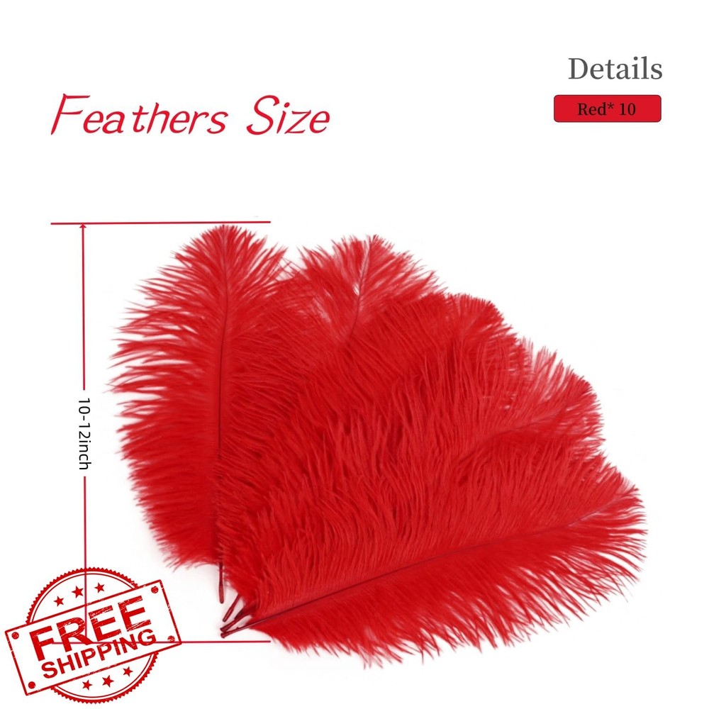Shekyeon Ostrich Feathers 10-12", Red, 10 Pack, DIY Craft Decor