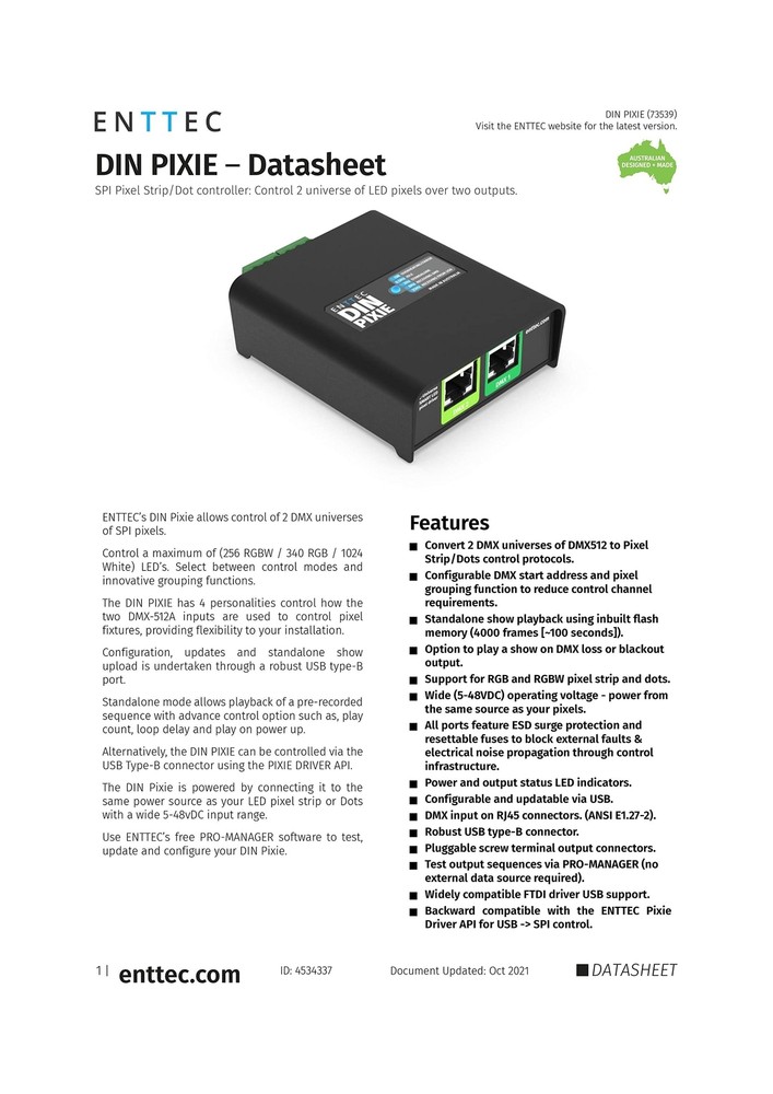 Enttec Din Pixie 73539 2-Universe DMX LED Pixel Controller, Black