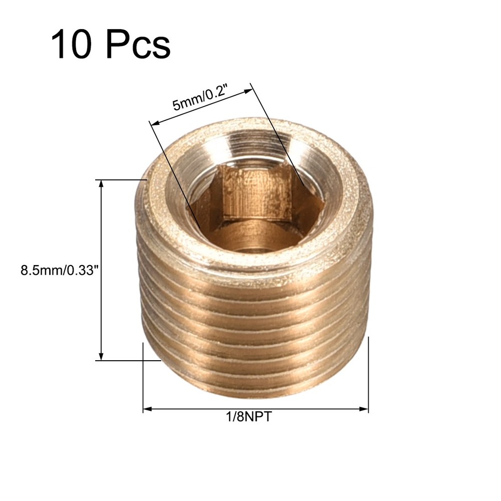 10Pack Brass Pipe Fitting Hex Counter Sunk Plug 1/8NPT Male Socket Pipe Plugs