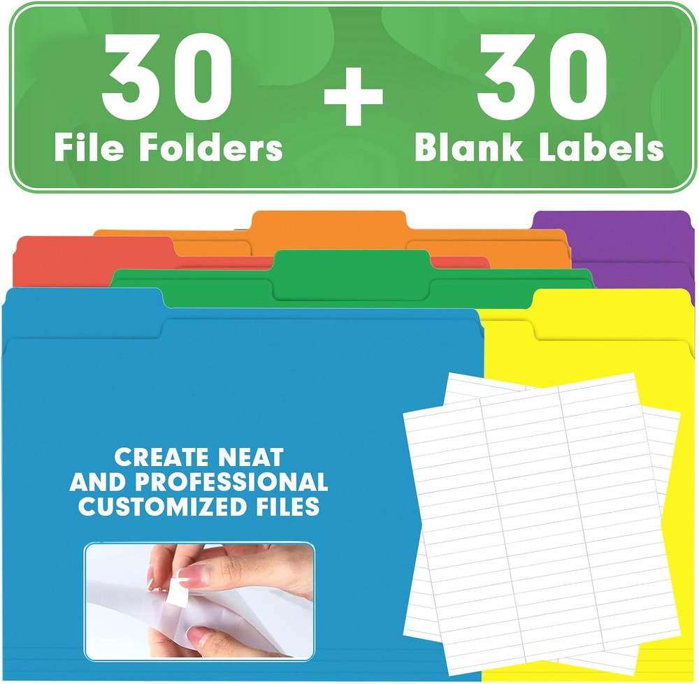 File Folder, 30 Pack 1/3 Cut Tab File Folders, Colored File Folders Designed...