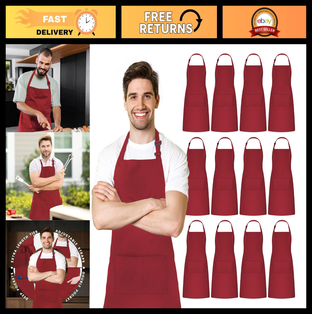 Adjustable Bib Apron - 100% Polyester, Water-Resistant, Pockets & Long Ties