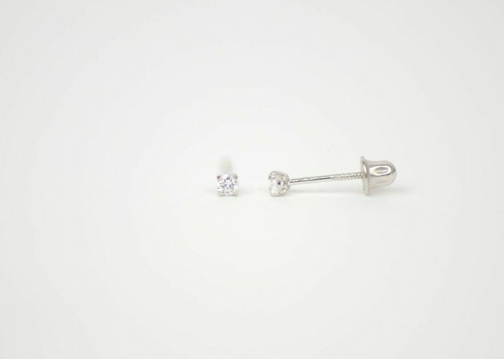 CZ Stud Earring Round cut in 14k white gold Screw back