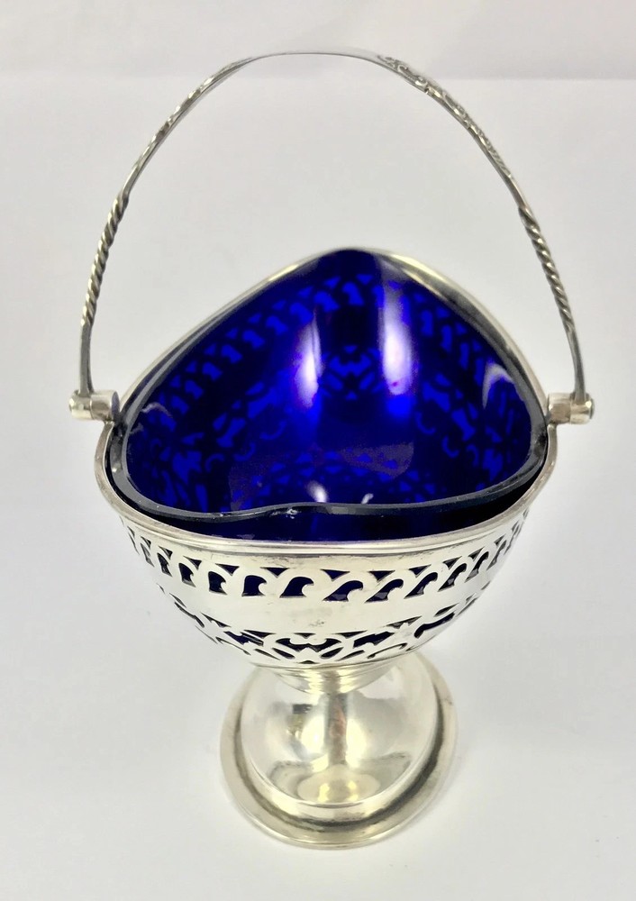 Solid Silver Sugar Basket Dish Cobalt Blue Liner 1906 William Mammatt & Son