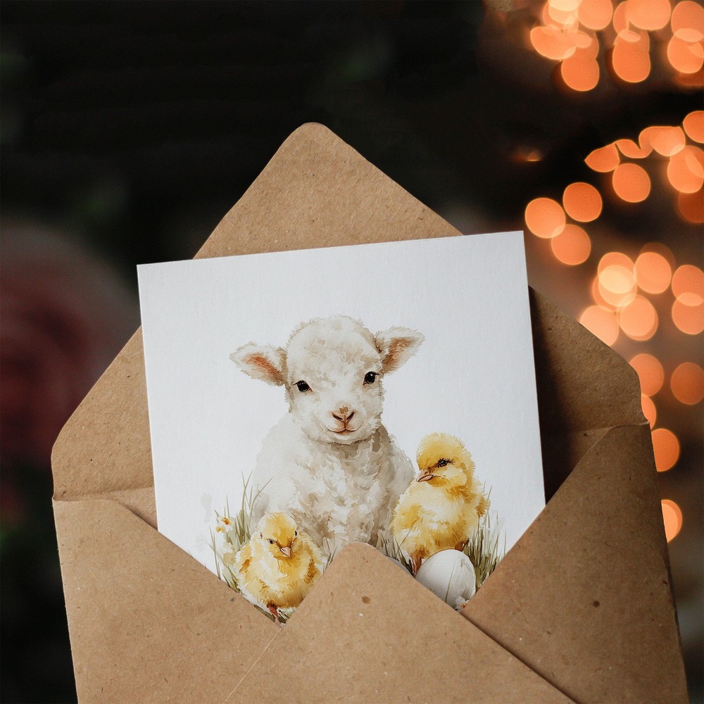 Happy Easter Greeting Card – Lamb and Chicks Design, Blank Inside