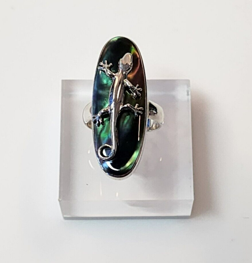 LIZARD GECKO STATEMENT RING 925 Silver IRIDESCENT Black Shell Size 8 BALI