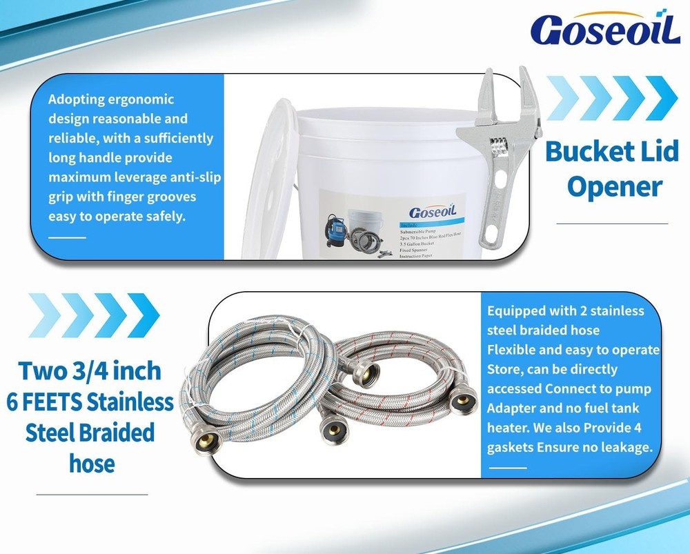 Tankless Water Heater Flush Kit with 1/2HP Submersible Pump, Two 6FT Hoses,Blue