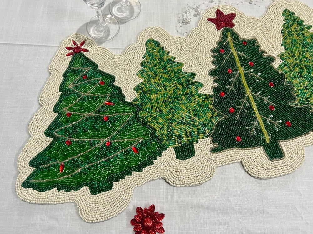 Christmas Tree Design Table Runner Beaded Table Topper Luxury Tableware 13X36 In