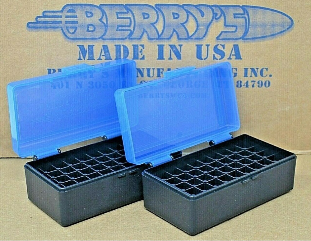 (2) 38 / 357 PLASTIC STORAGE AMMO BOXES (BLUE / BLACK ) BERRY'S MFG. 38/357