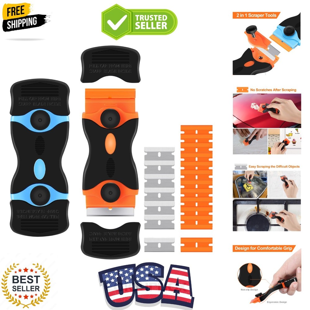 2PACK Razor Blade Scraper, 2-in-1 Scraper Tool with 12Pcs Plastic Blades and ...