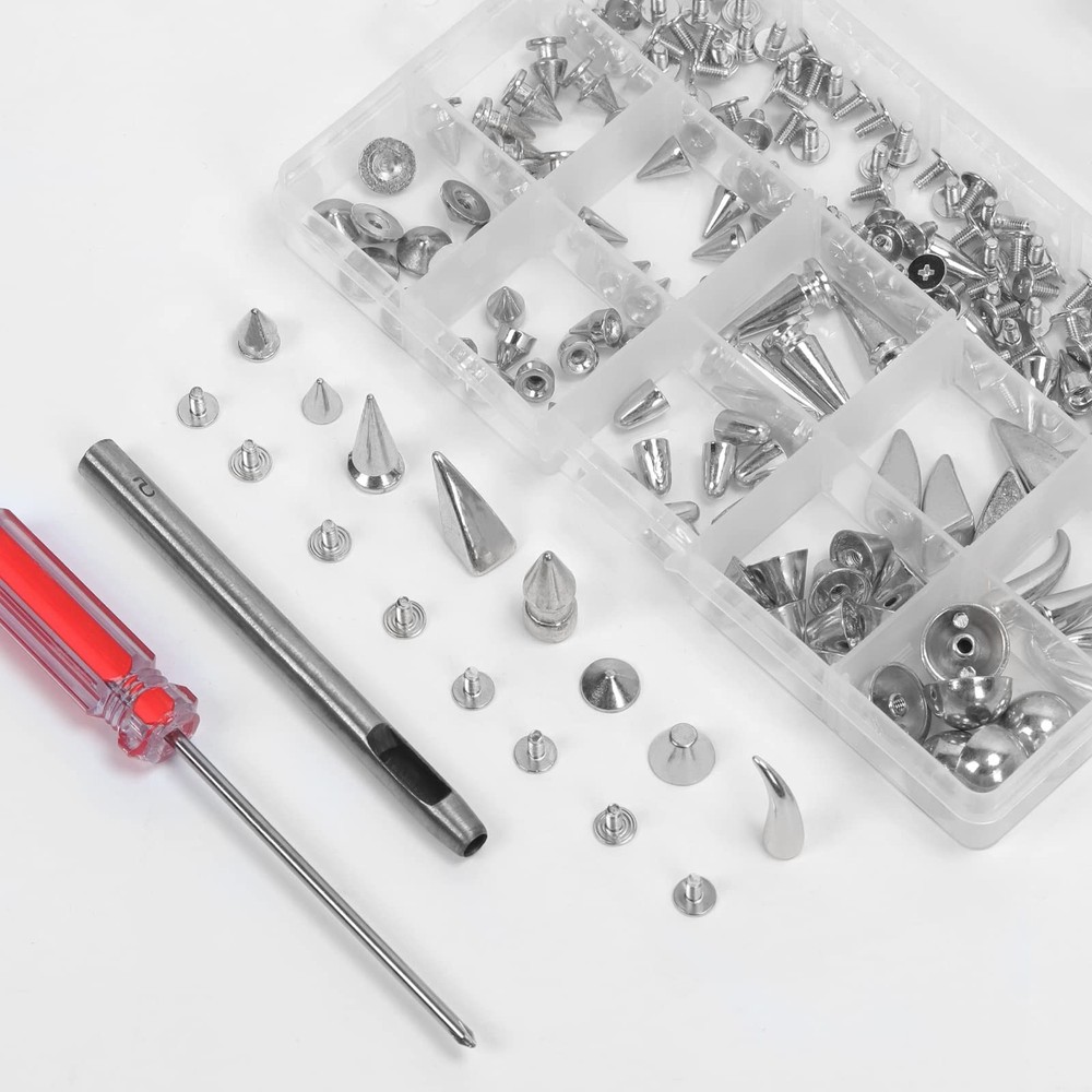 98 Pcs Silver Mixed Shape Spikes Studs Rivets Kit Install Tools DIY Craft Set
