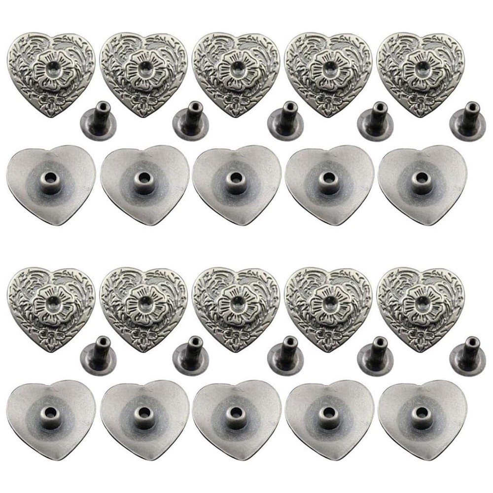 20 PCS Silver Heart Pattern Buttons Love Rivets Retro Carving Texture Bag
