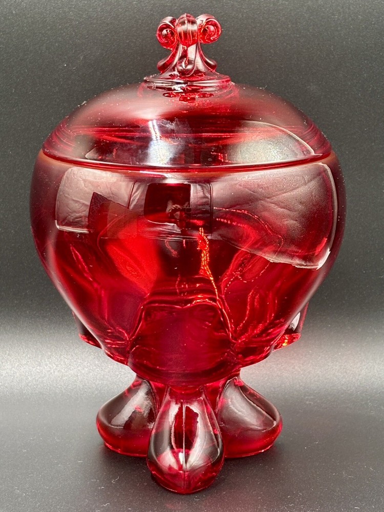 Mid Century Viking Glass Ruby Red 3 Footed Lidded Candy Jar 8”