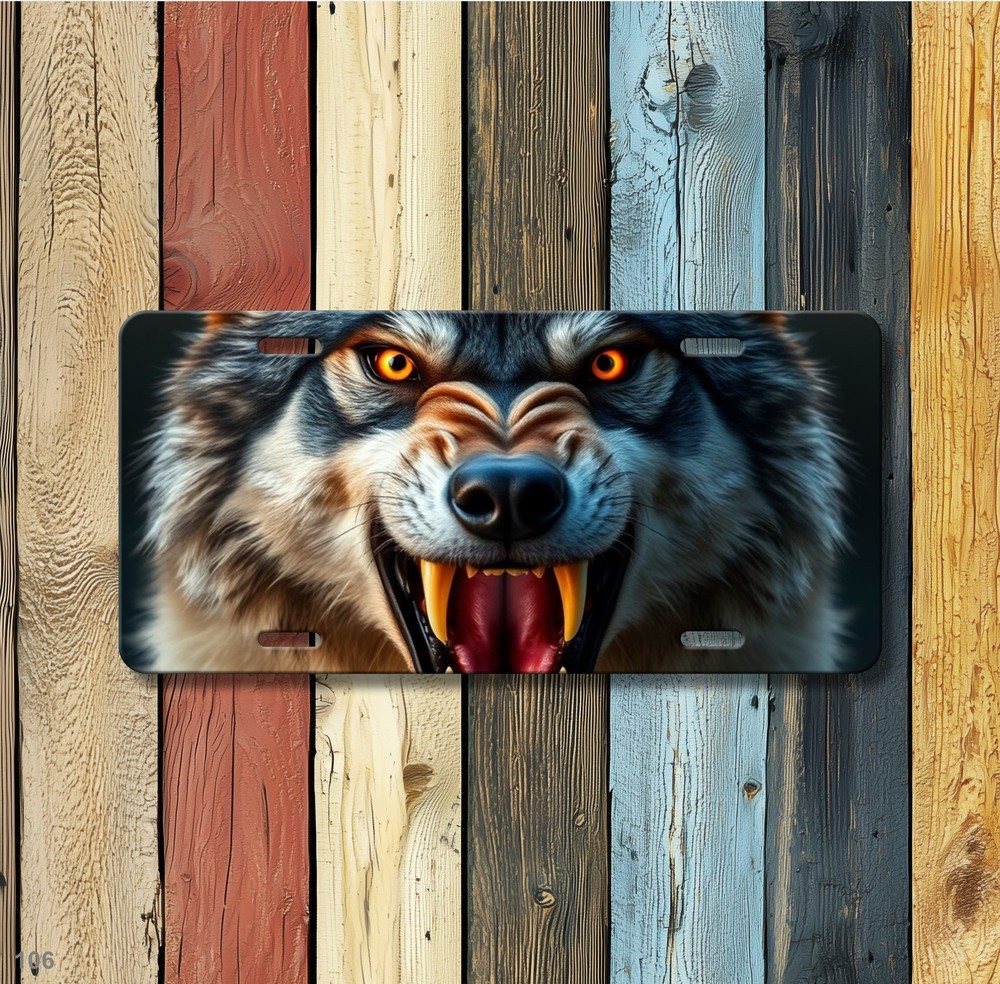 Intense Wolf License Plate with Sharp Teeth Personalized Front Plate Birthday Gi