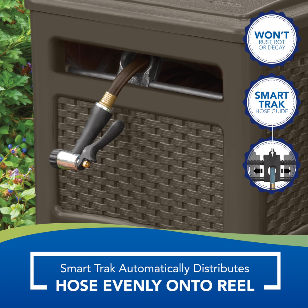 Suncast 225 ft. Smart Trak Wicker Garden Hose Reel Guide & Hideaway, Java Brown