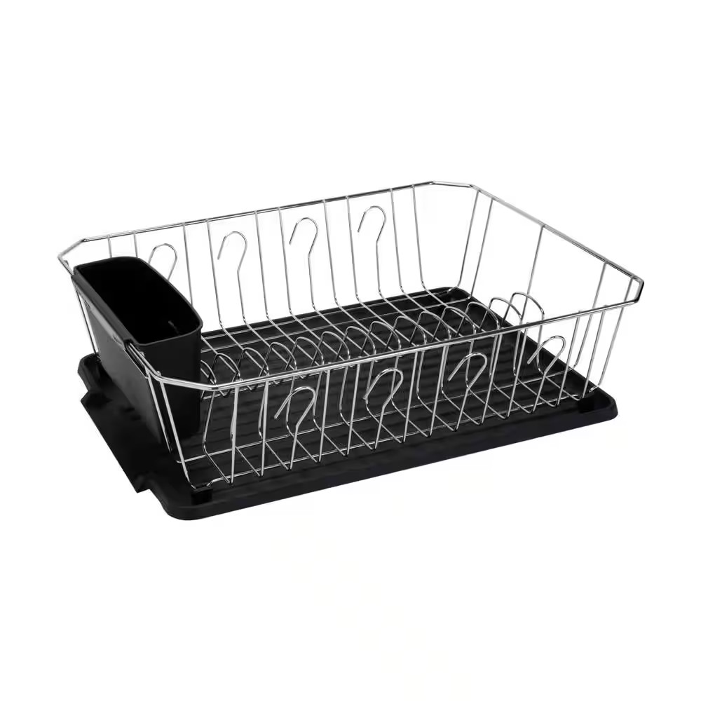 Dish Drainer Rack with Water Mat, 3-Piece, Chrome