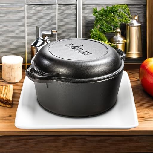 Pre-Seasoned Cast Iron Double Dutch Oven with Ring Handle, 5-Quart
