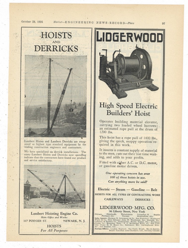 1926 Lambert Hoisting Engine Co Ad: Hoists & Derricks for Construction, Drilling
