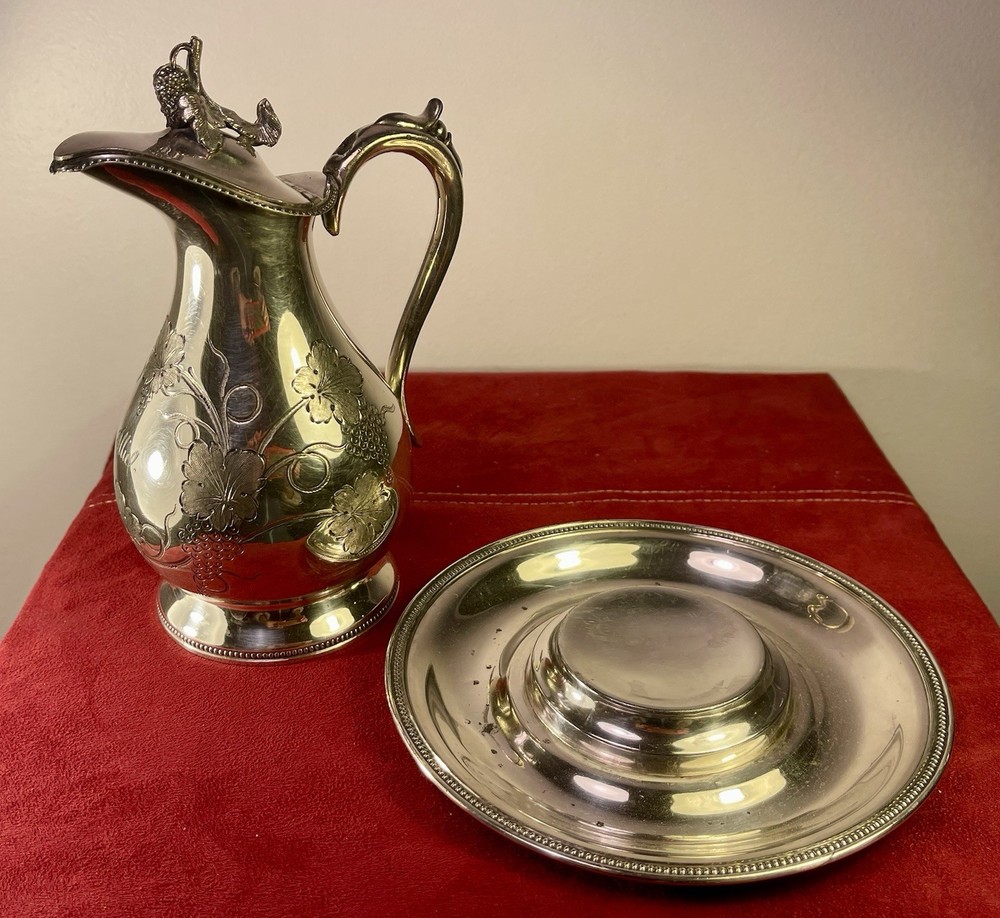 Silver Pitcherr & Saucer Aesthetic Movement - Engraved Grape & Leaf Design