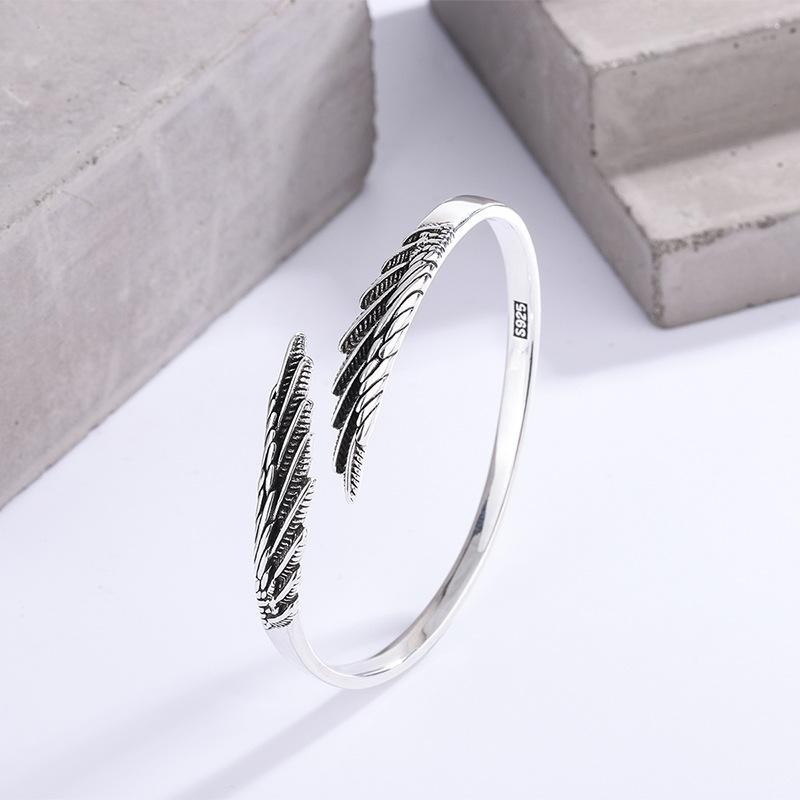Bracelet Retro Thai Silver Feather Bangle 925 Sterling Silver Trendy Wing Open