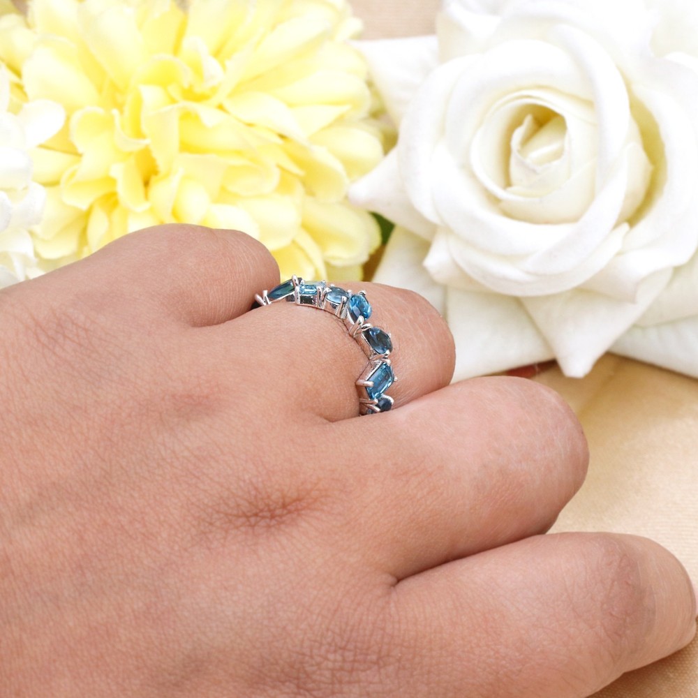 Lab Created Multi Shape London Blue Topaz Ring, Eternity Wedding Ring 925 Silver