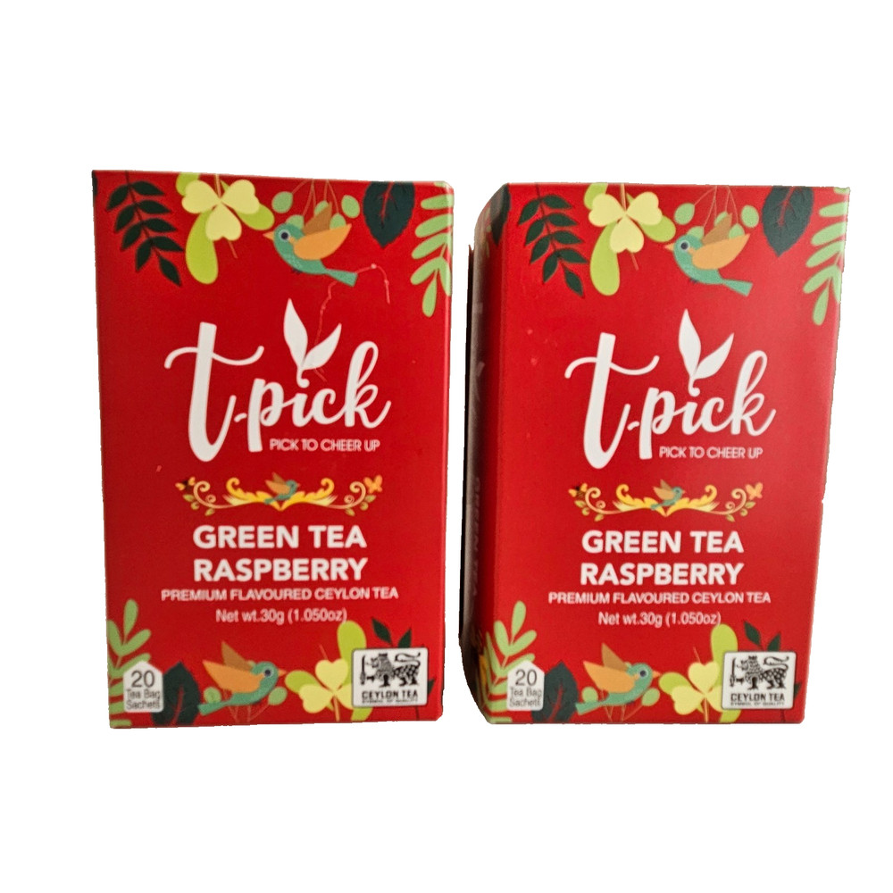 T-Pick Green Tea Raspberry Flavored Ceylon 2 Boxes 40 Sachets BB 3/22/28