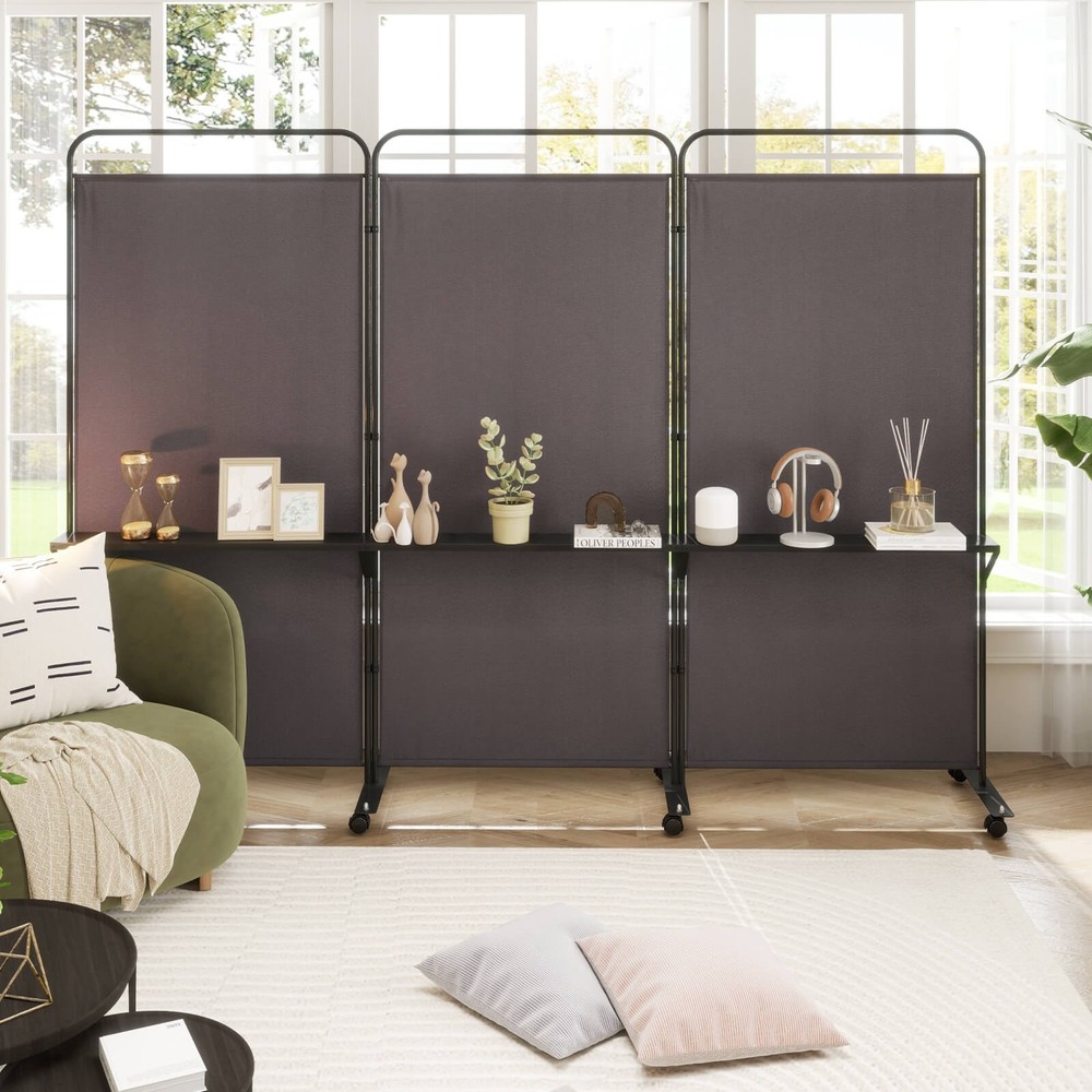 3-Panel Room Divider with Storage Shelves 6FT Tall Folding Privacy Screen on