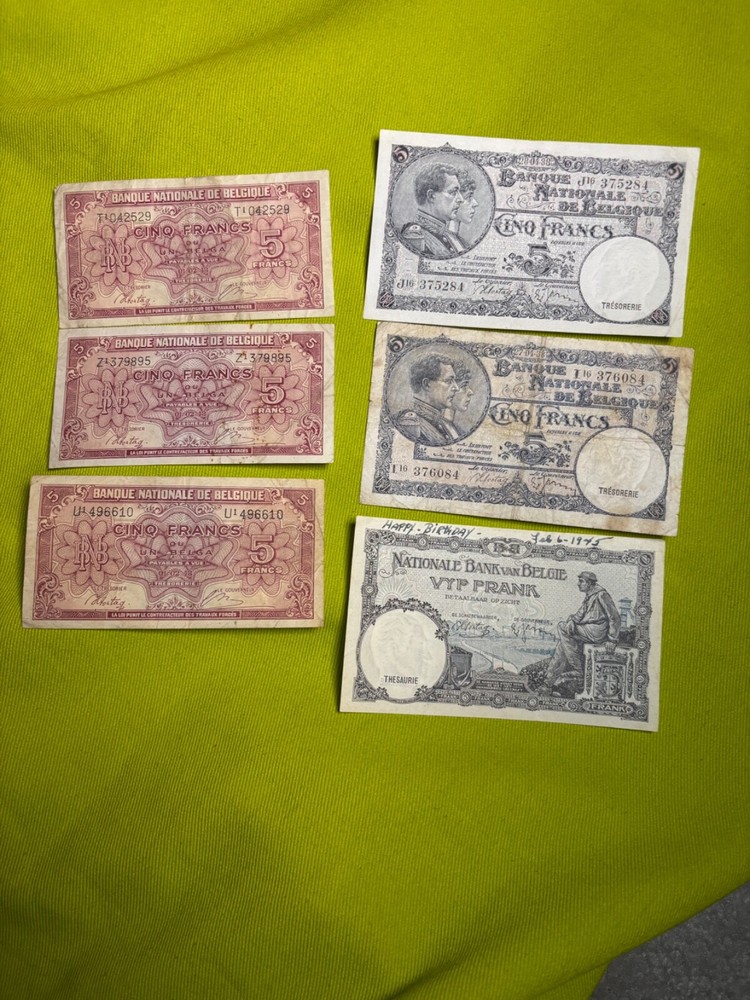 Belgium 5 Francs Lot 6 Notes