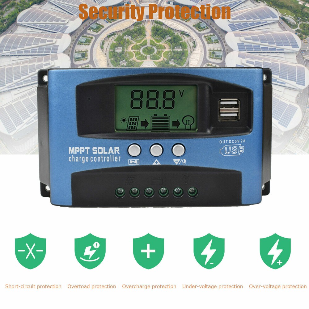 100A MPPT Solar Panel Controller Charge Regulator 12V/24V Battery Auto LCD USB