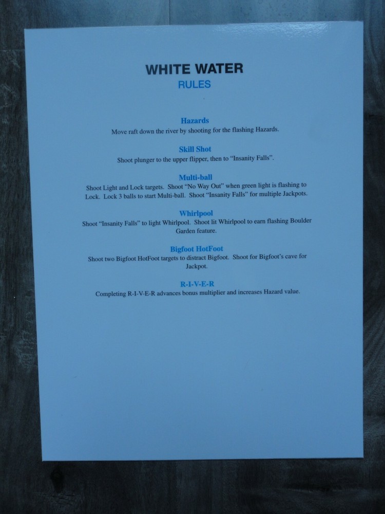 White Water Pinball Machine Rule Sheet & Shot Map Mint