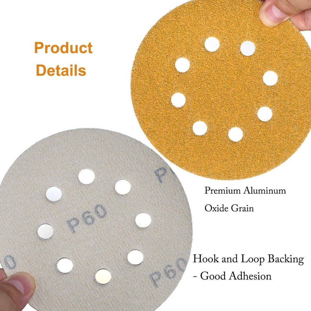 5-Inch 8-Hole Hook and Loop Sanding Discs 60-Grit Random Orbit Sandpaper, 100...