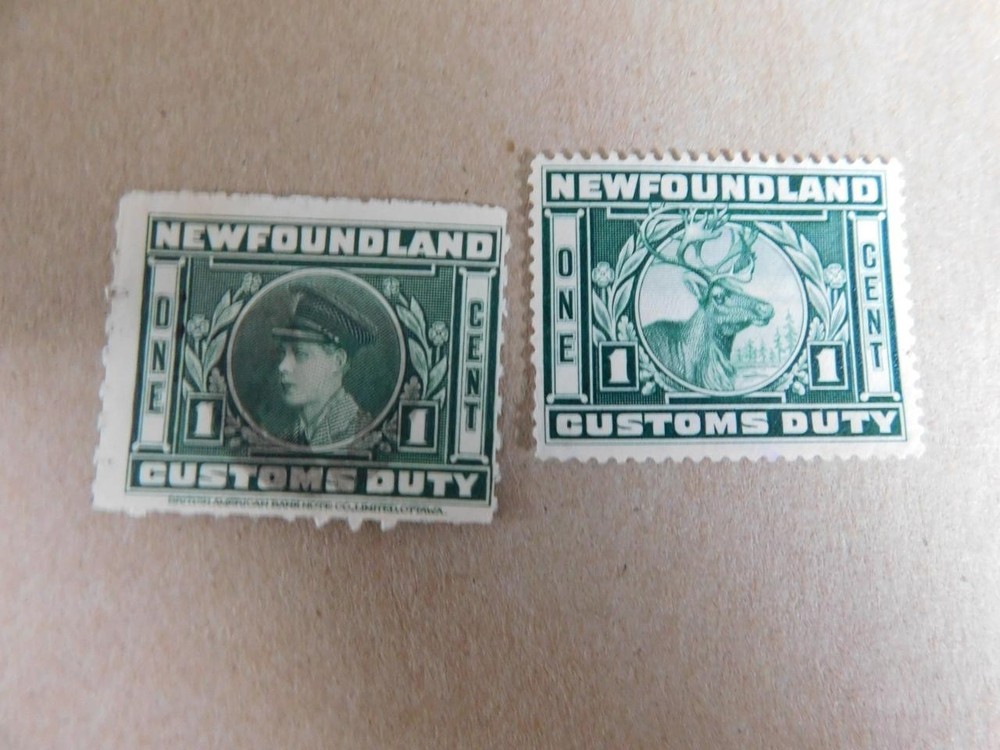 NEWFOUNDLAND CUSTOMS DUTY 1 CENT EDWARD VIII USED & 1 CENT MOOSE UNUSED