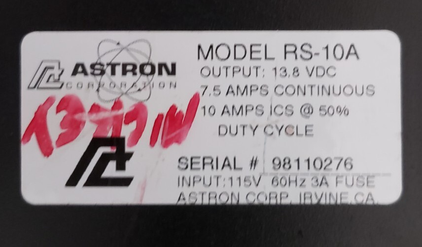 ASTRON RS-10A Regulated Power Supply OUTPUT 13.8V 7.5 AMPS CONTINUOUS