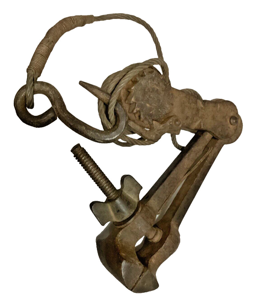 Salvage Vintage Hand Forged Solid & Heavy Factory Winch/Pulley/Hook & Cable