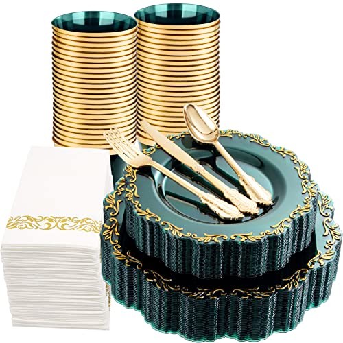 175PCS Clear Plastic Plates & Gold Plastic Silverware & Clear Cups & Green